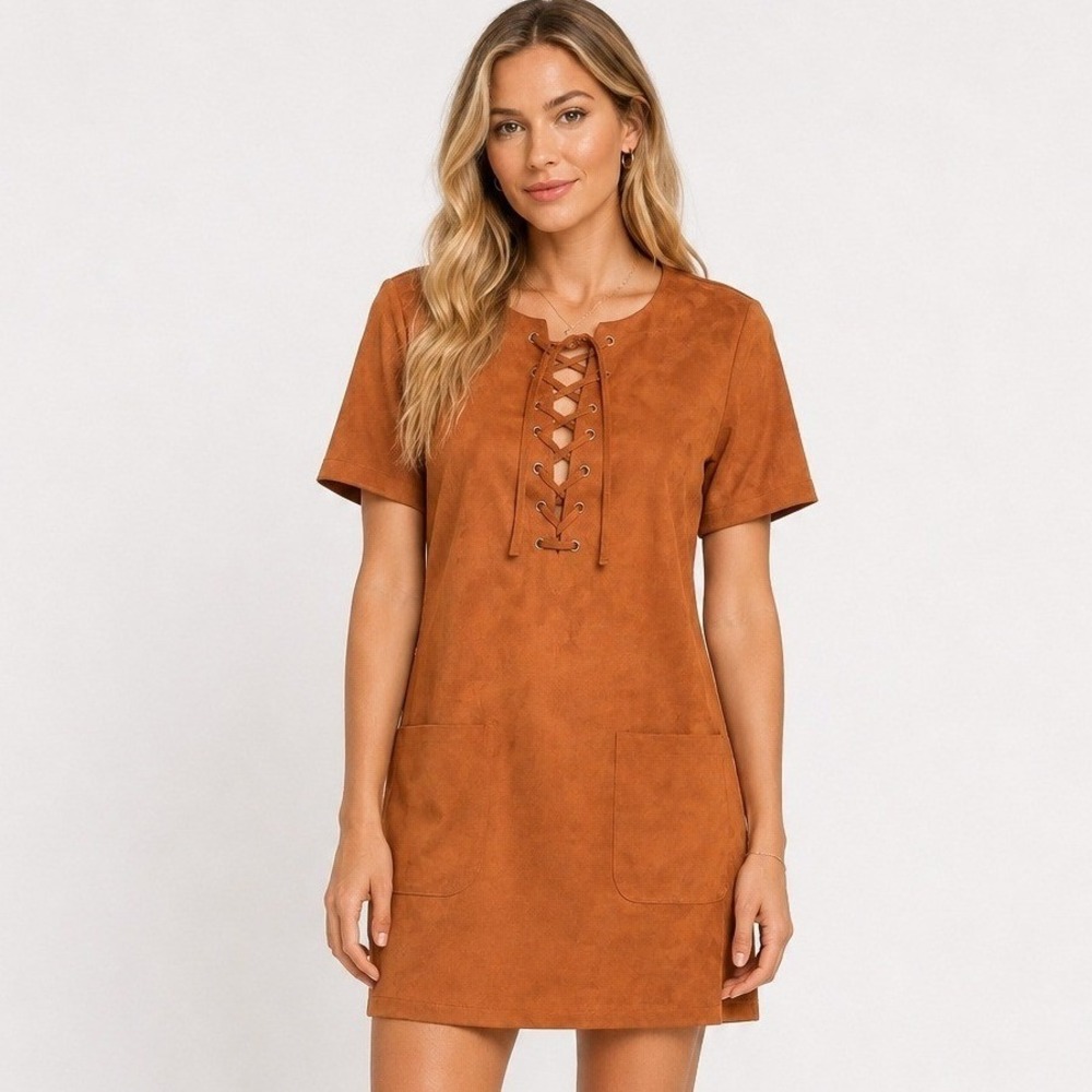 Revolve Raga Lace Up Short Sleeve Shift Dress Boho Casual Camel Size Small NWT